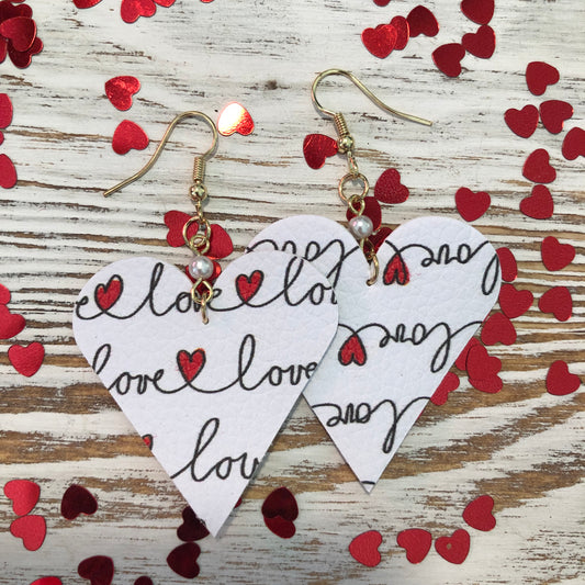 White Love Scrawled Mini Heart Leather Pearl Earrings