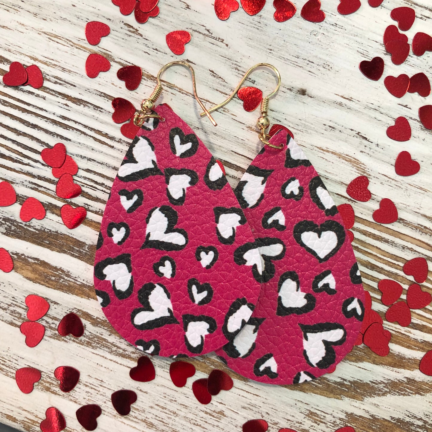 Hot Pink Black and White Heart Leather Earrings