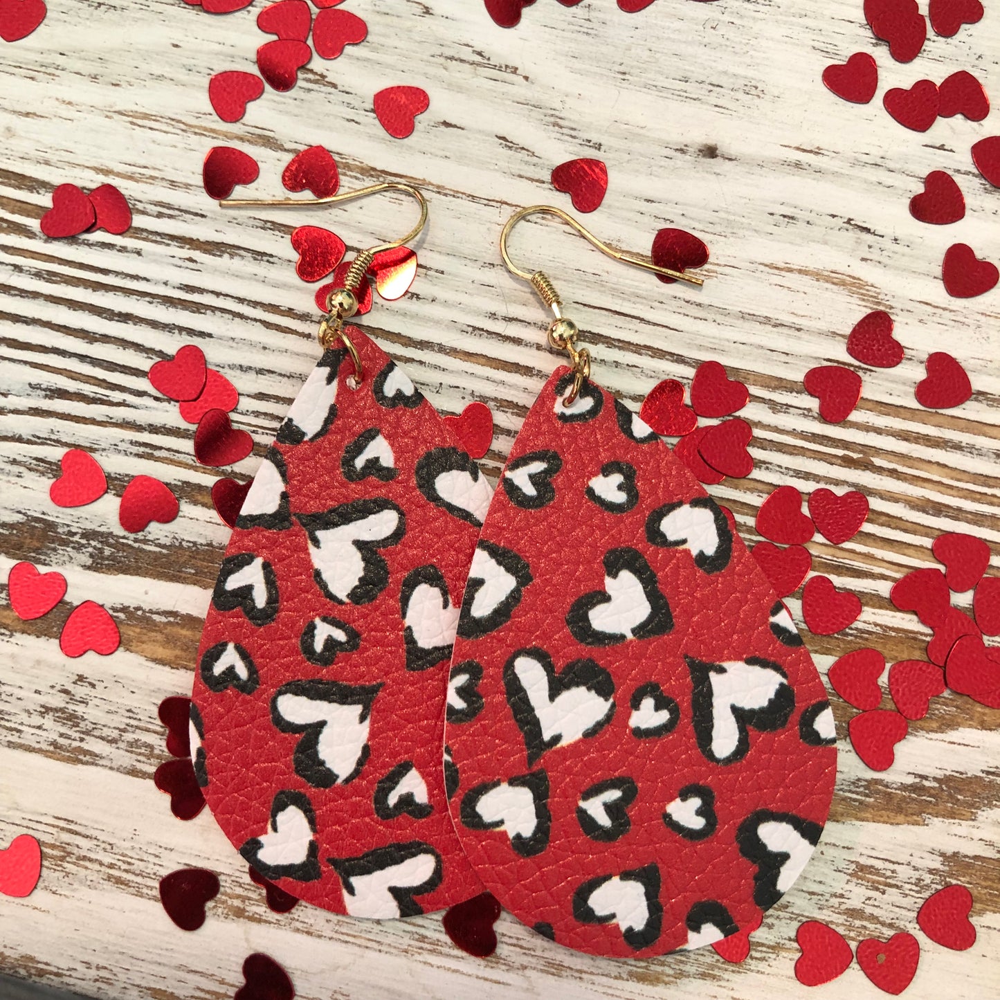 Red Black and White Hearts Leather Earrings