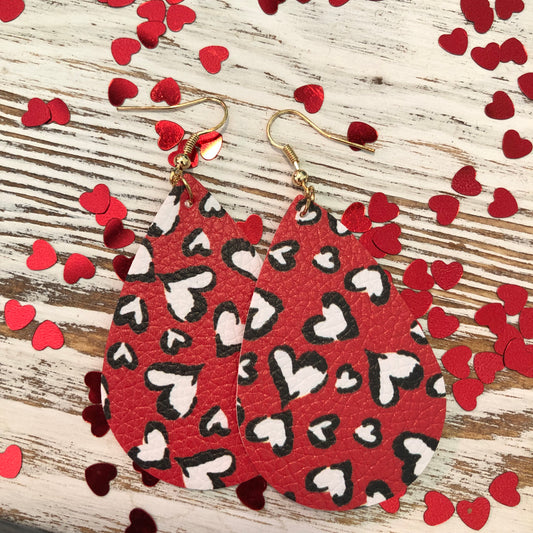 Red Black and White Hearts Leather Earrings