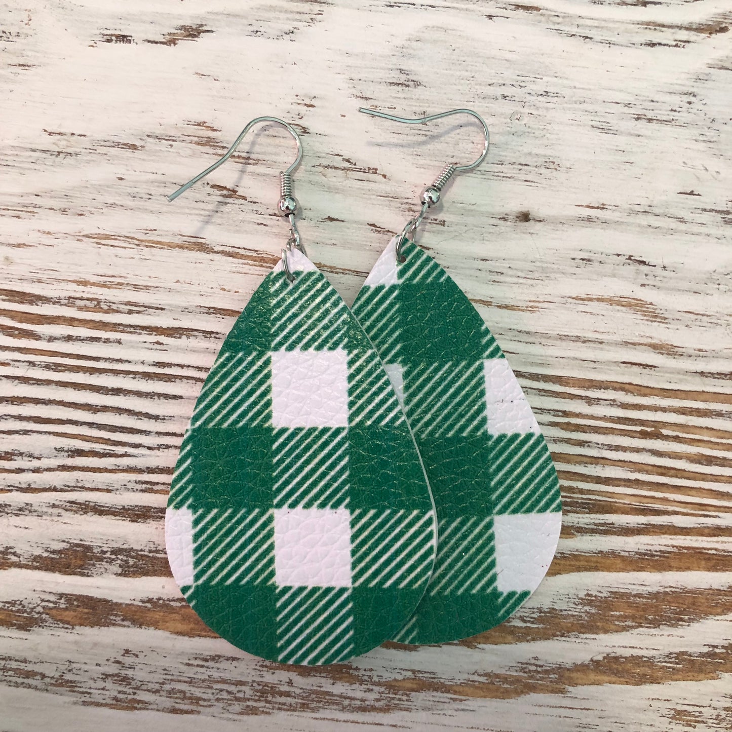 Green and White Plaid Leather Earrings