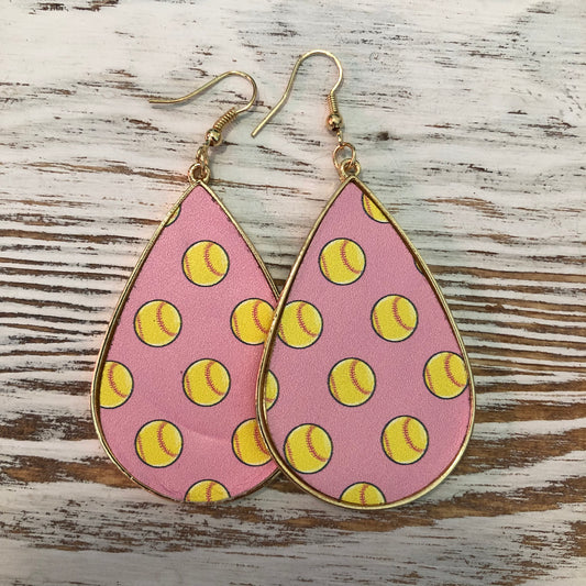 Softball Pink Leather Hanging Gold Earrings