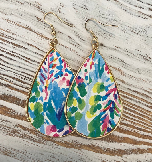 Multi Fun Print Leather Hanging Gold Earrings