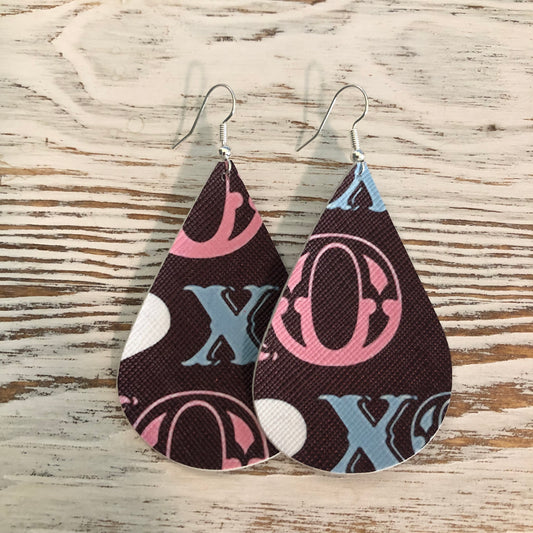 Brown Pink XOXO Faux Leather Earrings