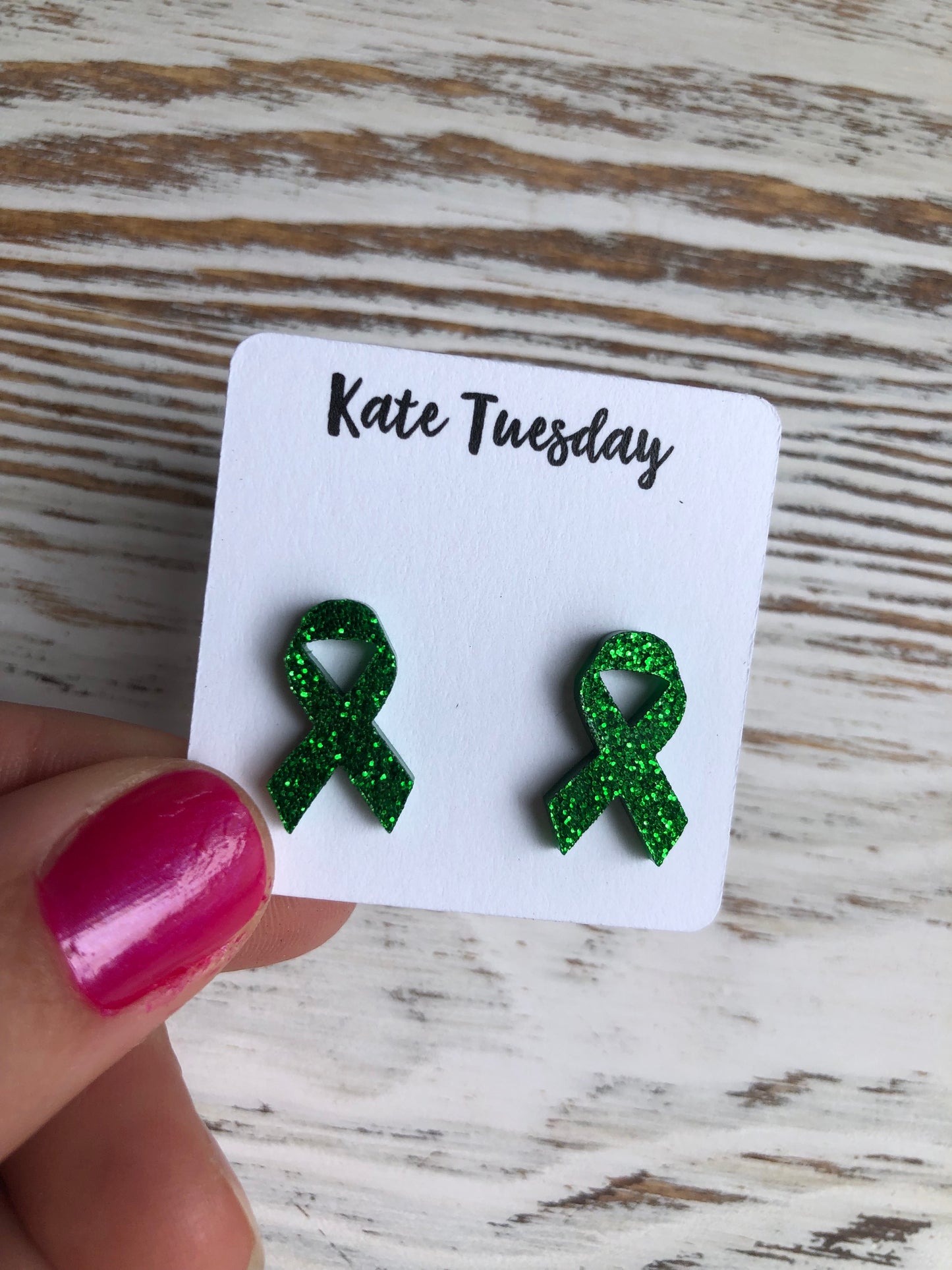 Green Cancer Awareness Sparkly Stud Acrylic Earrings