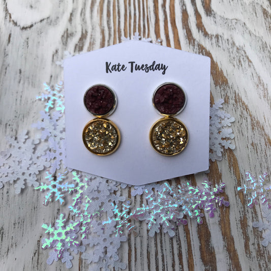 Maroon + Gold Christmas Holiday Druzy Earrings Double Set