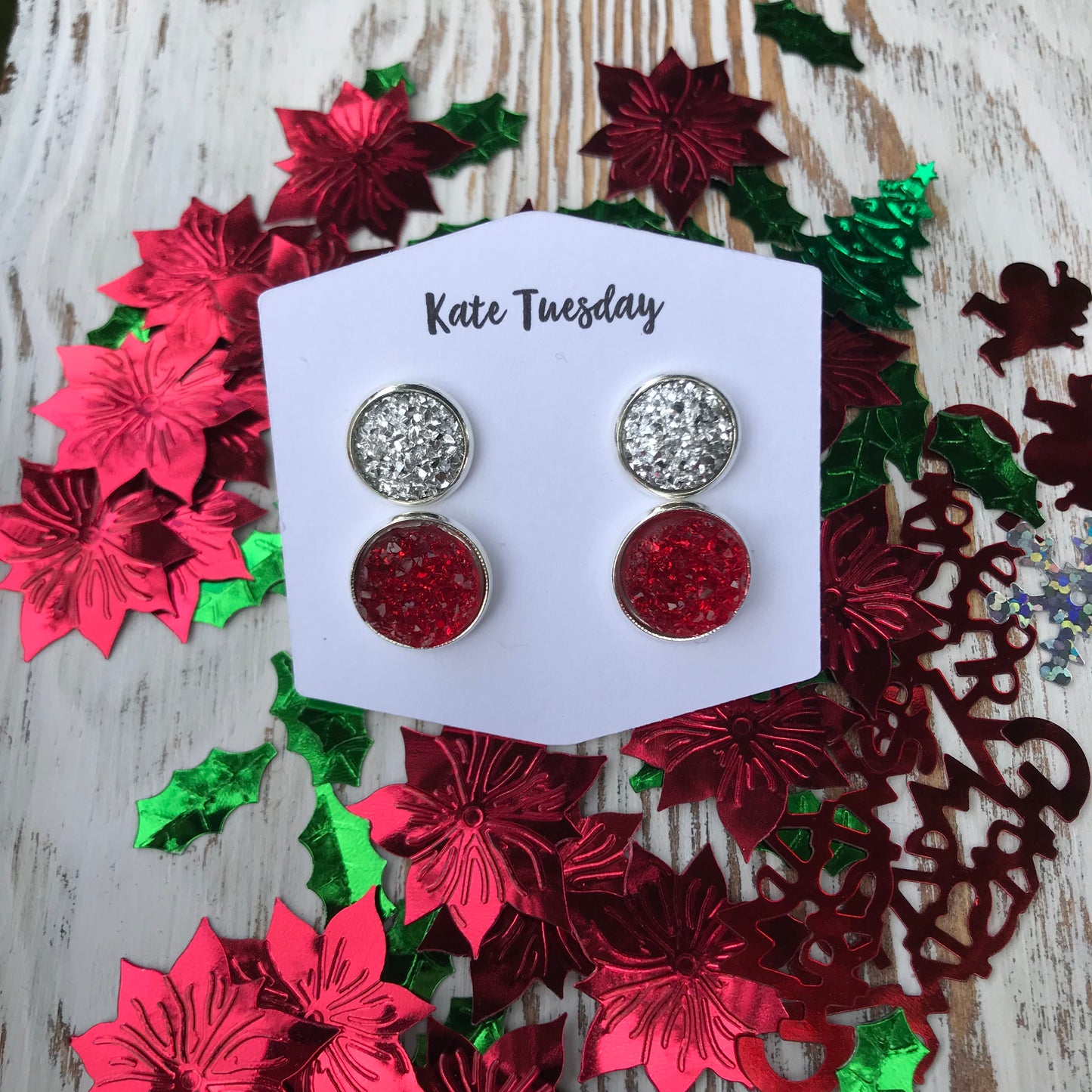 Silver + Red Stud Christmas Holiday Druzy Earrings Double Set