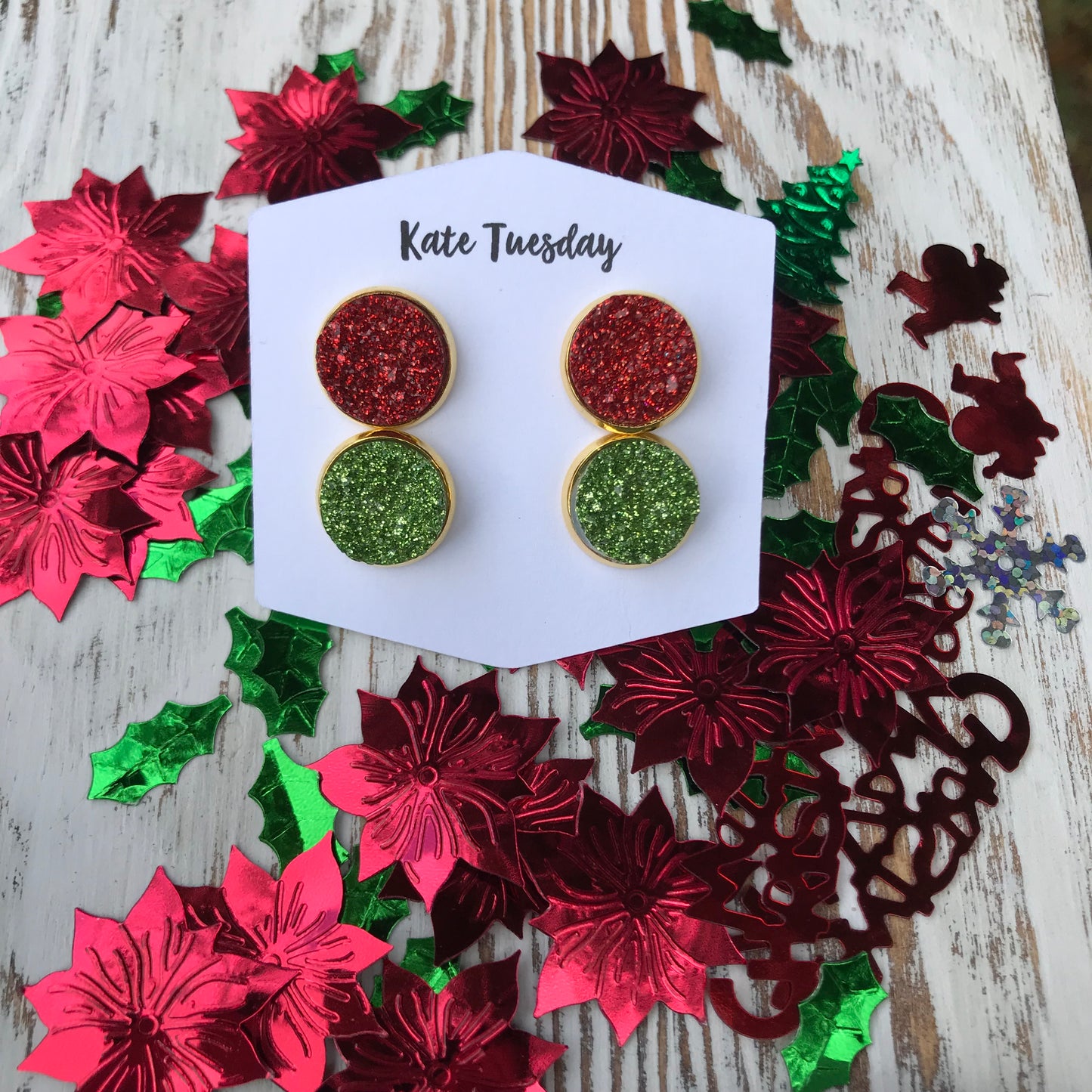 Green + Red Stud Christmas Holiday Druzy Earrings Double Set