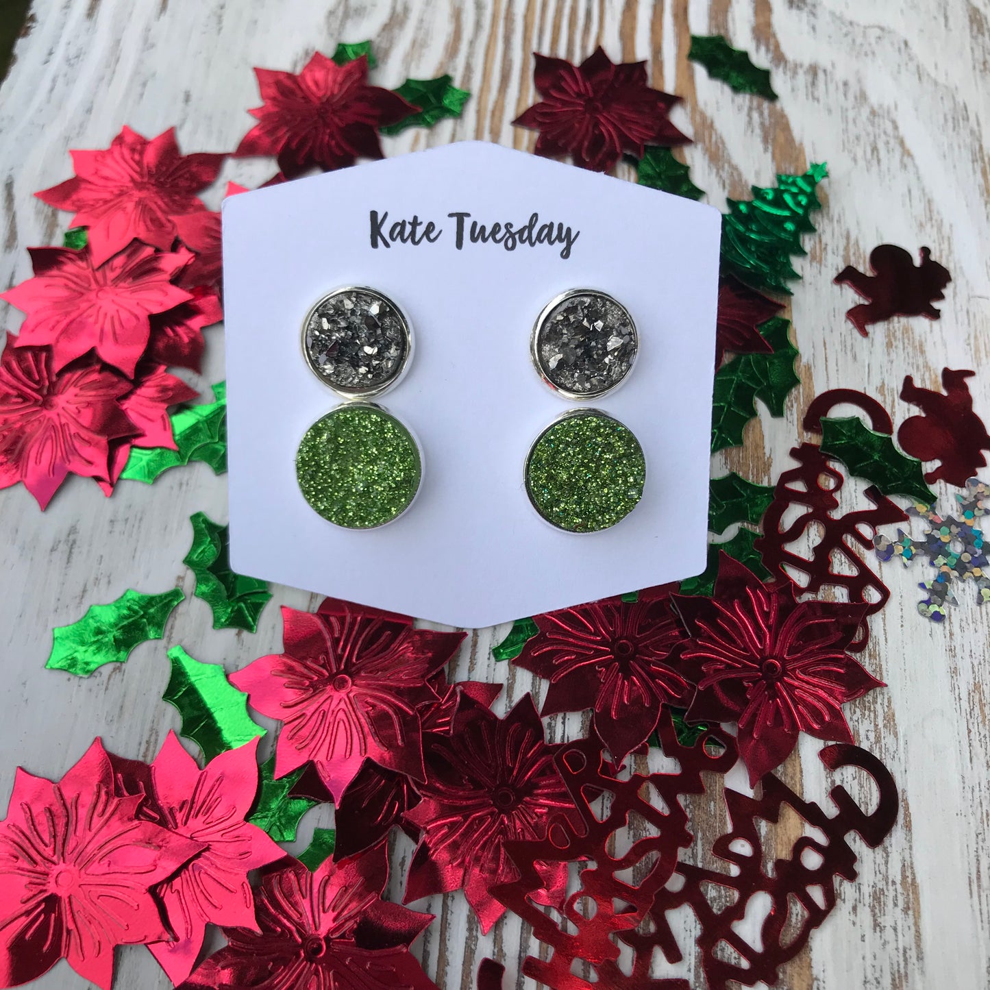 Green + Silver Stud Christmas Holiday Druzy Earrings Double Set