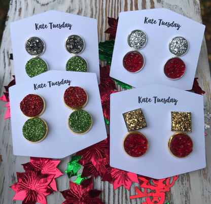 Holiday Christmas Color Double Druzy Earring Sets