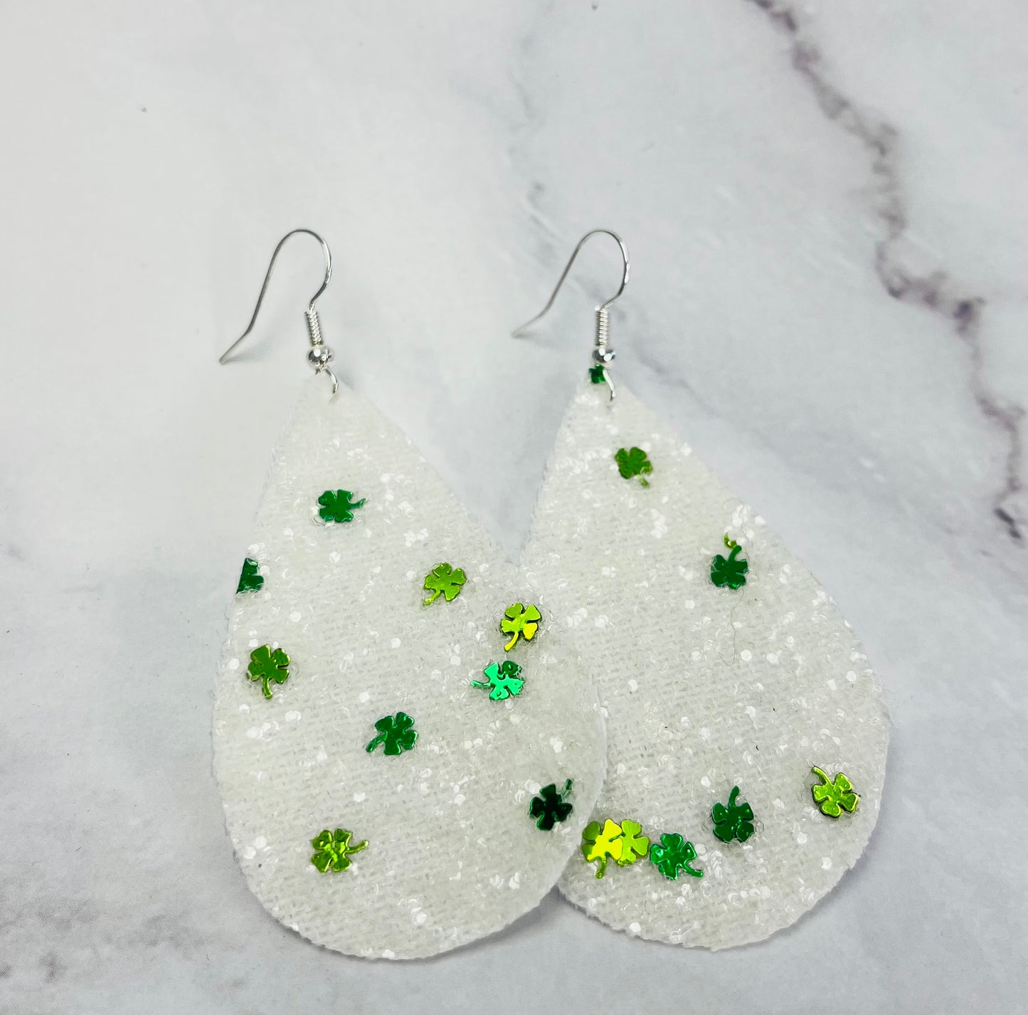 White Glitter Green Shamrock Hang Leather Earrings