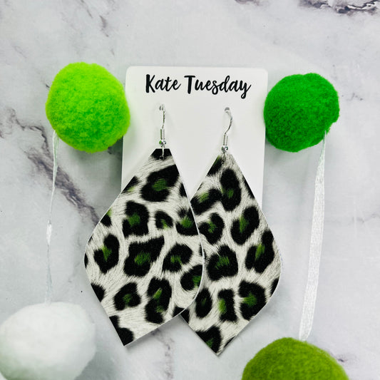 Green Cheetah Leather Hang Earrings