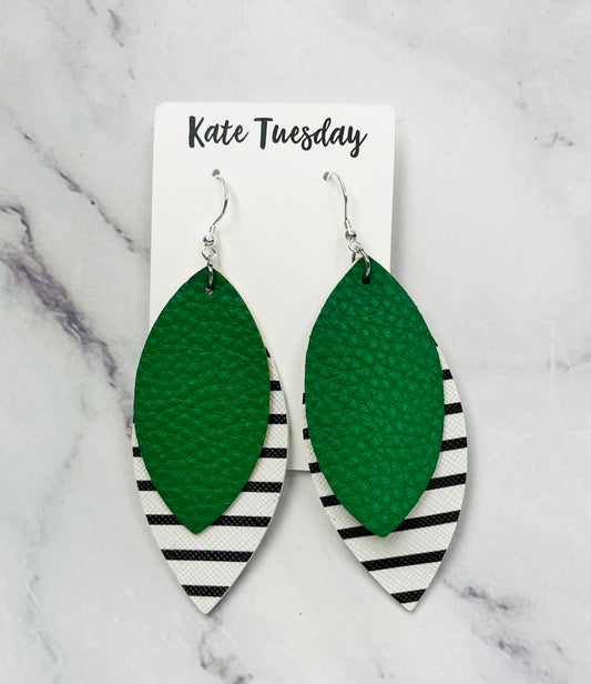 Green Black White Striped Hanging Leather Earrings