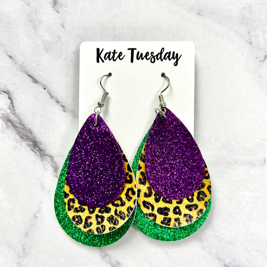 Purple or Green Cheetah Layered Glitter Hanging Leather Earrings