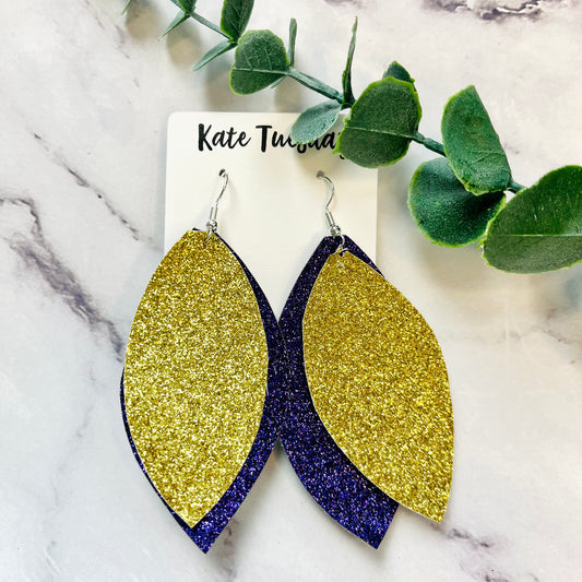 Gold + Purple Sparkle Leather Hang Earrings