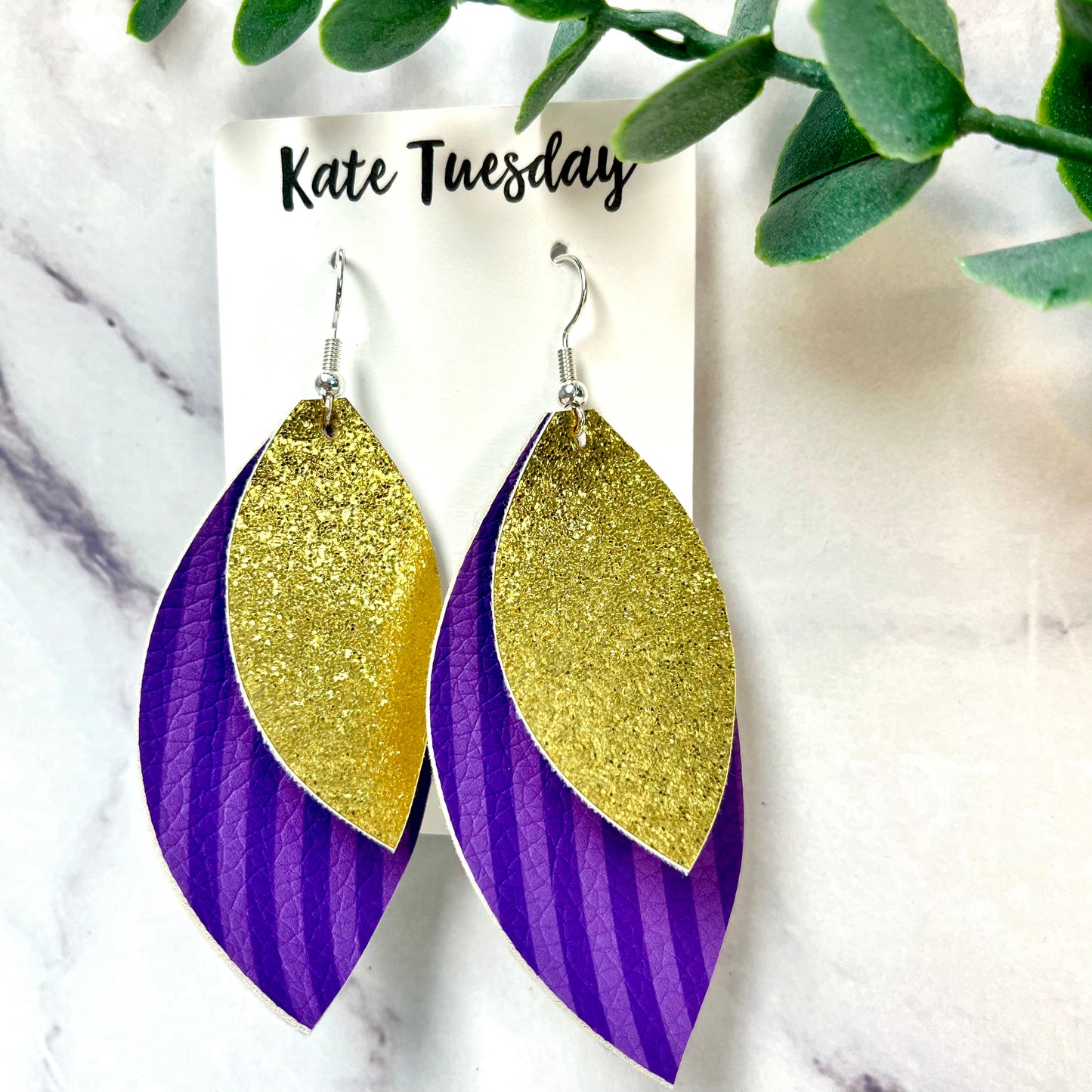Purple and Gold Striped Layered Hanging Leather Earrings