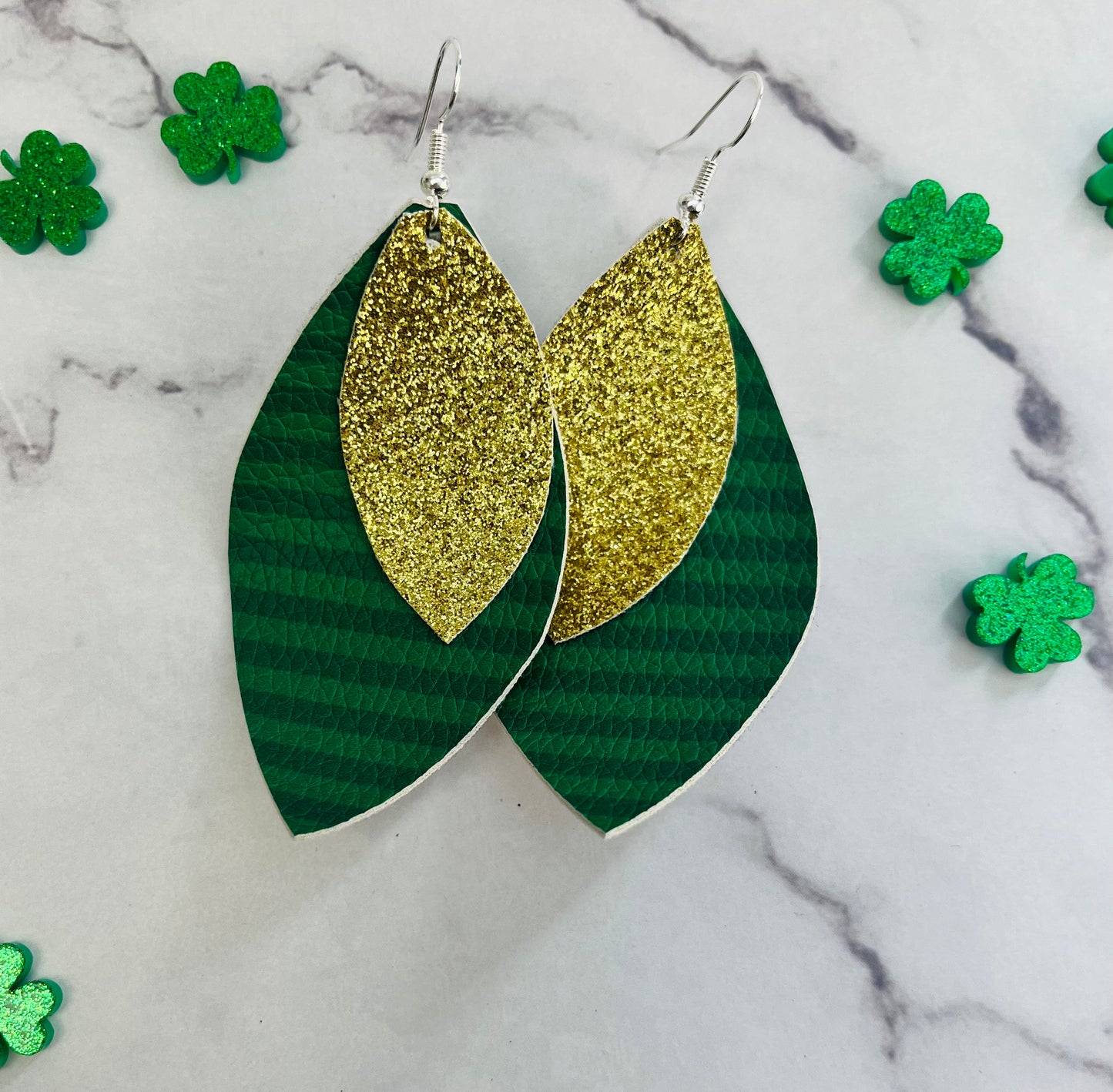 Glittery Gold + Green Striped Layered Leather Hang Earrings