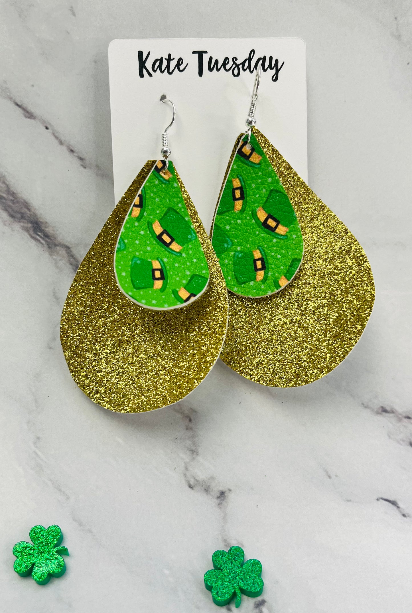 Glittery Gold Layered Leprechaun Hat Leather Hang Earrings