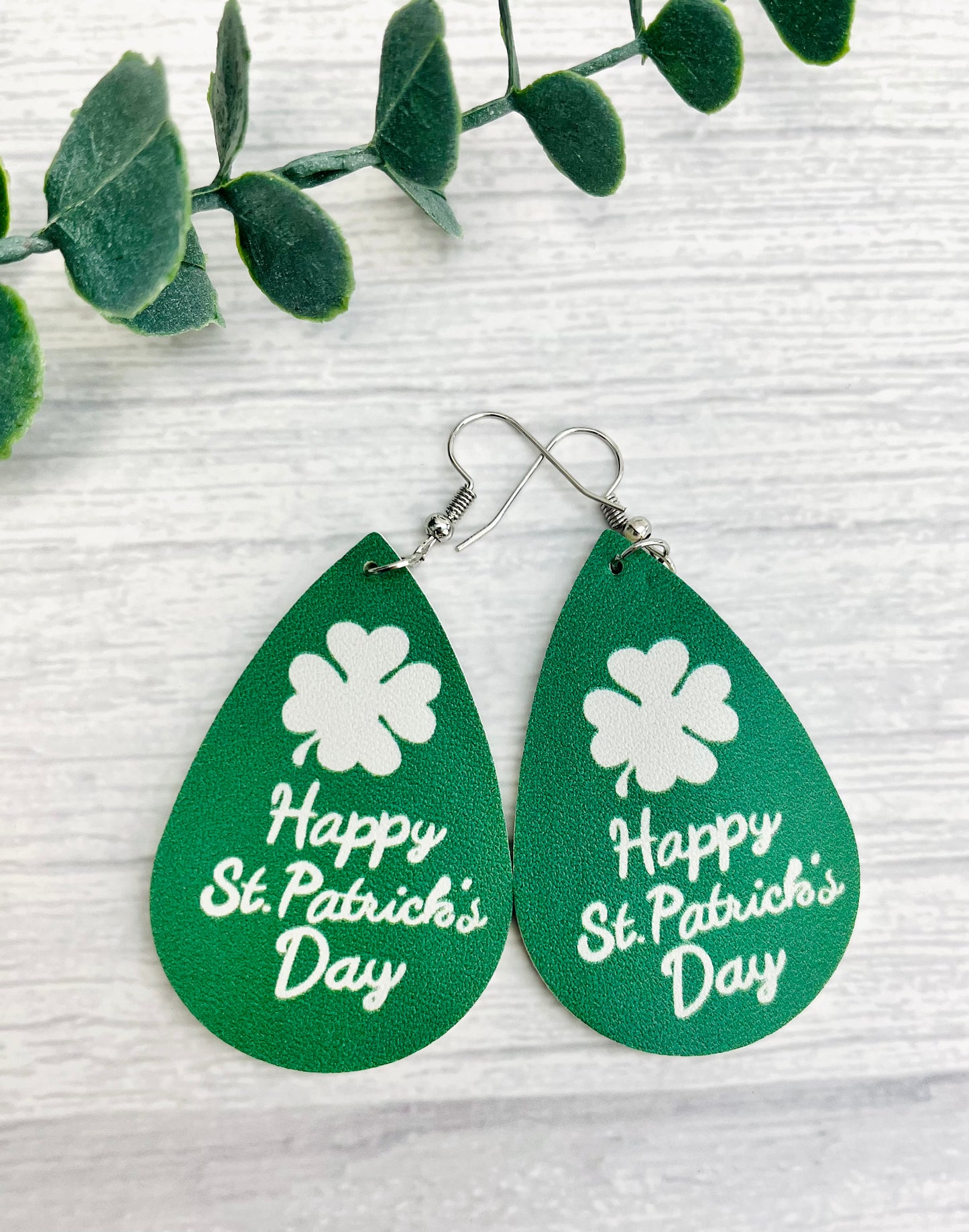 Happy St. Patrick's Day Green Leather Hanging Earrings