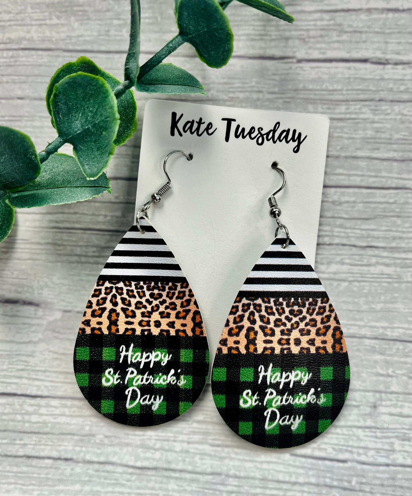 Happy St. Patrick's Day Cheetah Stripe Leather Hanging Earrings
