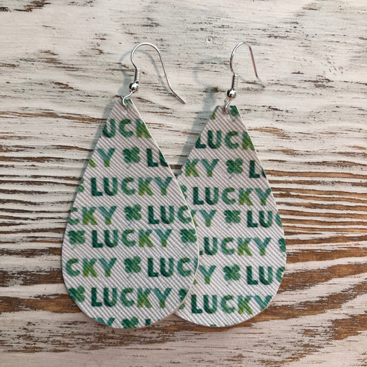 White Lucky St Patricks Day Faux Leather Earrings