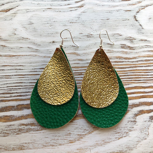 2 Layer Green Gold Shiny St Patricks Day Faux Leather Earrings