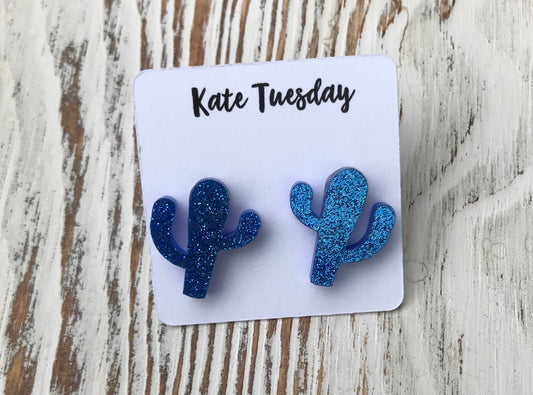 Sparkly Blue Cactus Cacti Acrylic Stud Earrings