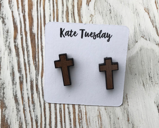 Rustic Wood Cross Stud Earrings