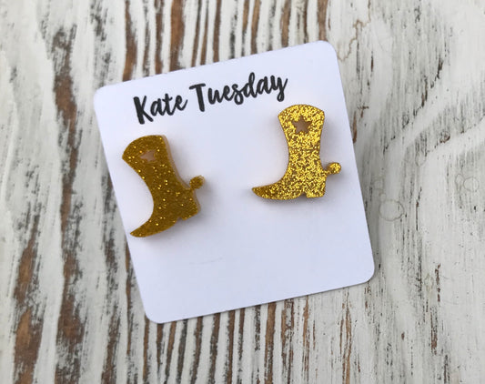Yellow Halographic Sparkly Cowboy Boot Stud Acrylic Earrings