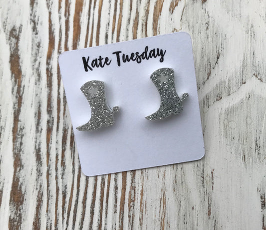 Silver Sparkly Cowboy Boot Stud Acrylic Earrings