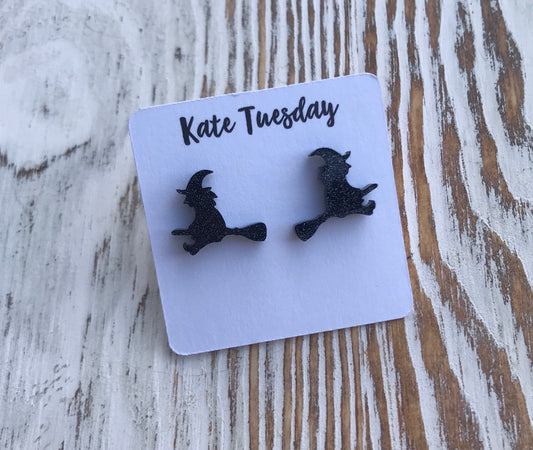 Black Sparkly Witch Broomstick Halloween Acrylic Stud Earrings