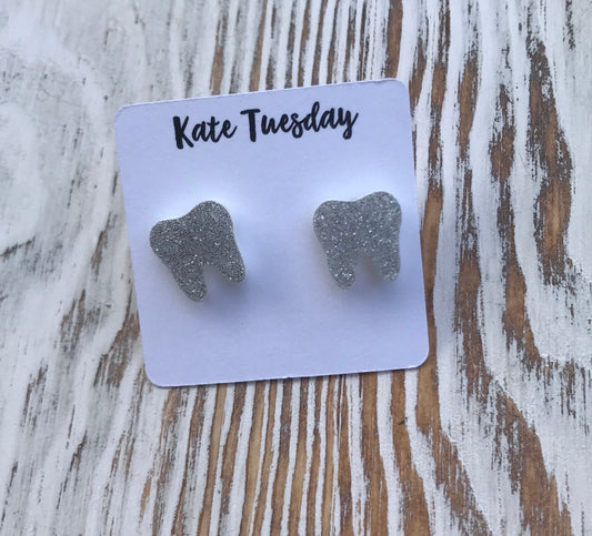Silver Sparkly Tooth Acrylic Stud Earrings