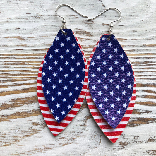 American Flag Patriotic Faux Leather Earrings 2 Layer