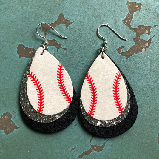 3 Layer Faux Leather Baseball Glitter Earrings