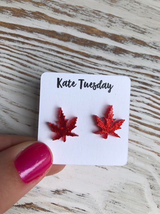 Red Leaf Sparkly Stud Acrylic Earrings