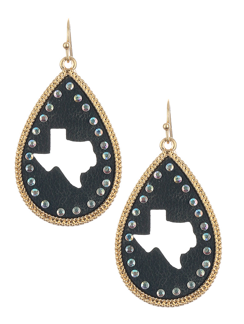 Texas Studded Leather Teardrop Earrings Black