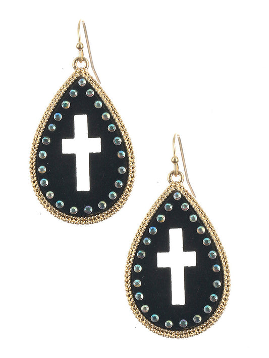 Cross Studded Leather Teardrop Earrings Black