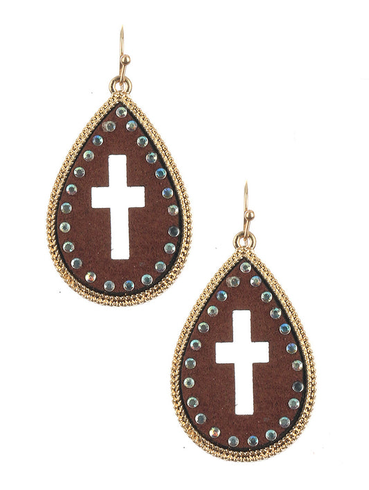 Cross Studded Leather Teardrop Earrings Brown