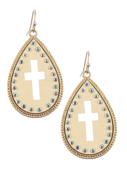 Cross Studded Leather Teardrop Earrings Khaki