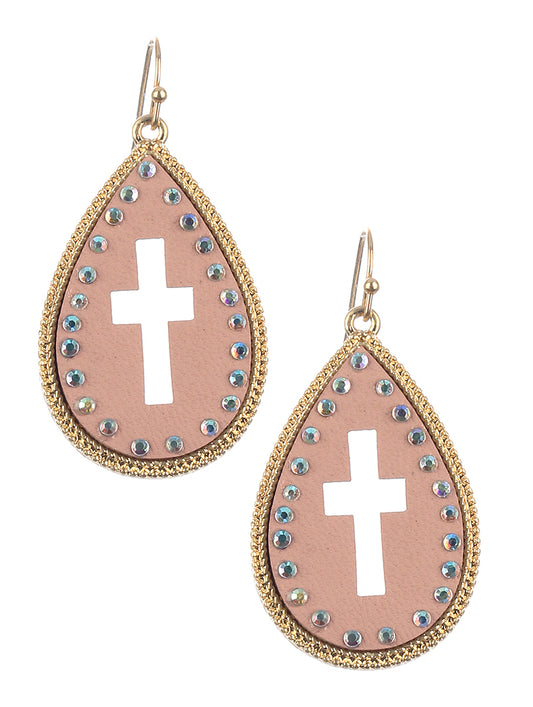 Cross Studded Leather Teardrop Earrings Light Pink