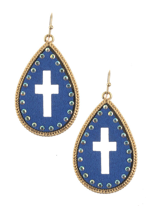 Cross Studded Leather Teardrop Earrings Blue