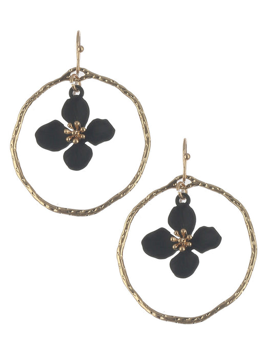 Hoop Flower Dark Drop Earrings