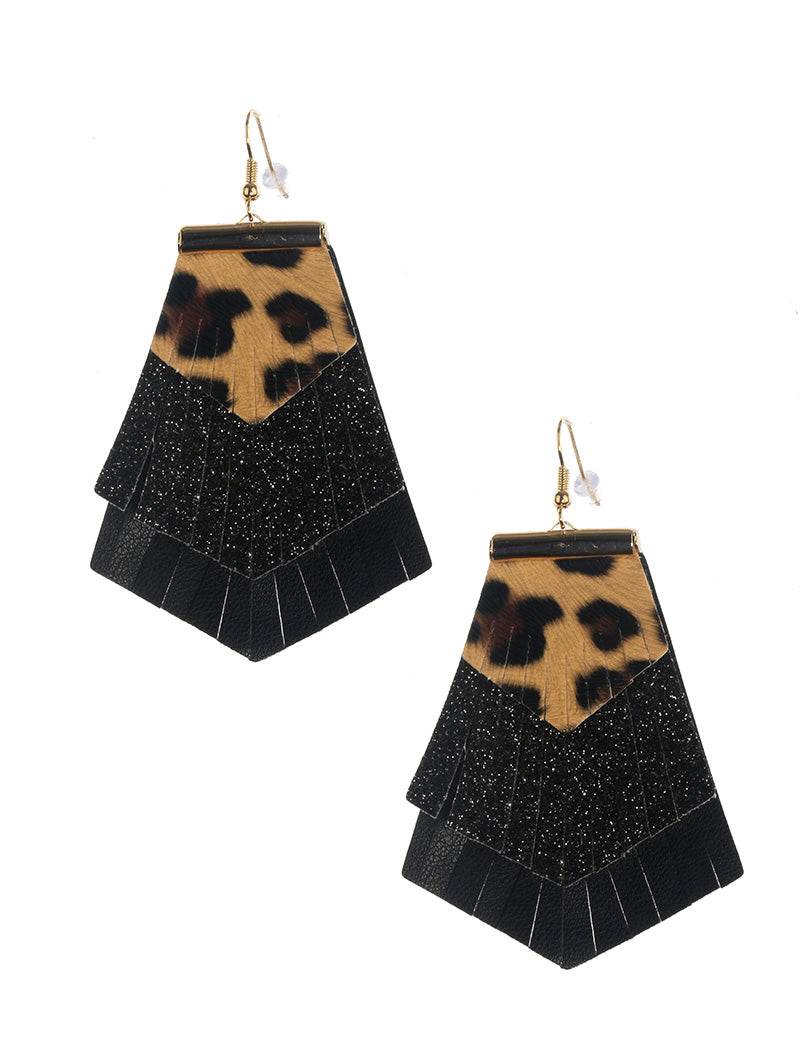 Three Layer Faux Leather Black Glitter Cheetah Earrings