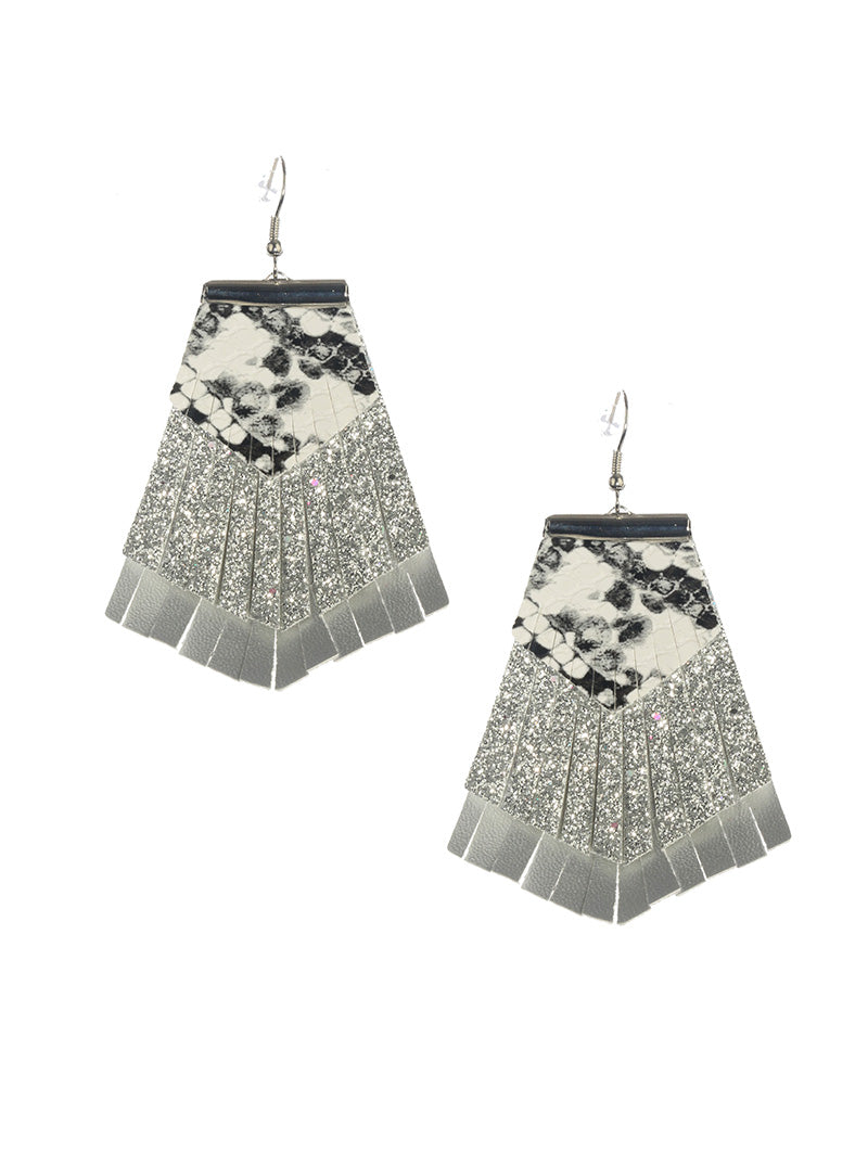 Silver Three Layer Faux Leather Glitter Cheetah Earrings