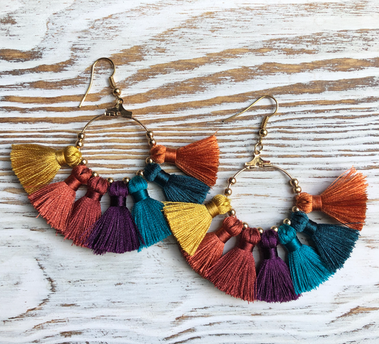 Dark Multi Tassel Gold Hoop Earrings