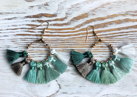 Green White Tassel Gold Hoop Earrings