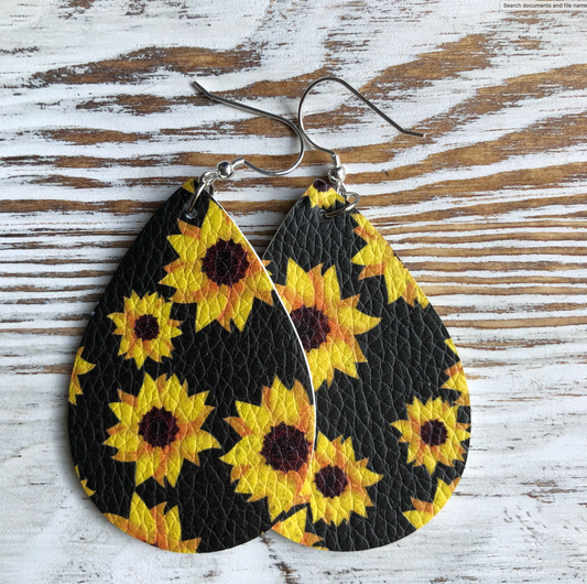 Dark Black Sunflower Faux Leather Earrings