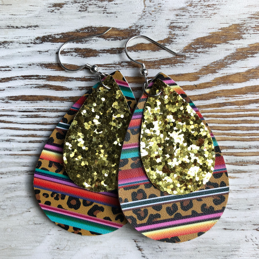 Cheetah Aztec 2 Layer Faux Leather Earrings