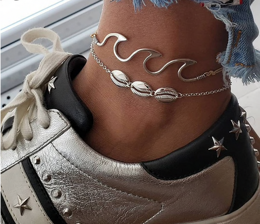 Silver Wave Shell Anklet or Bracelet Set