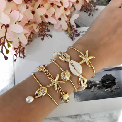 Gold Sea Shell Summer Bangle Bracelet Set